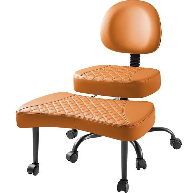 Alt view image 3 of 7 - Ergonomic Criss Cross Legged Office Chair with Wheels, 360°Swivel Adjustable Height Kneeling Desk Chair with Footrest for ADHD, Yoga, Meditation, Home Office (Leather, Brown)