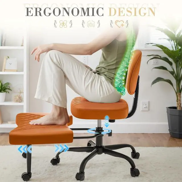 Alt view image 4 of 7 - Ergonomic Criss Cross Legged Office Chair with Wheels, 360°Swivel Adjustable Height Kneeling Desk Chair with Footrest for ADHD, Yoga, Meditation, Home Office (Leather, Brown)