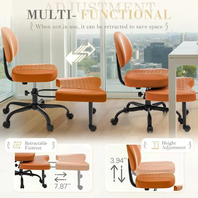 Alt view image 5 of 7 - Ergonomic Criss Cross Legged Office Chair with Wheels, 360°Swivel Adjustable Height Kneeling Desk Chair with Footrest for ADHD, Yoga, Meditation, Home Office (Leather, Brown)