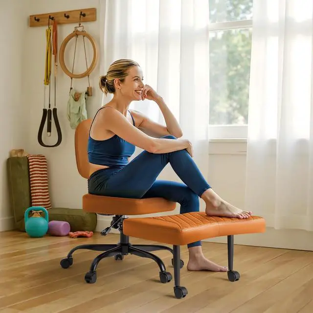 Alt view image 7 of 7 - Ergonomic Criss Cross Legged Office Chair with Wheels, 360°Swivel Adjustable Height Kneeling Desk Chair with Footrest for ADHD, Yoga, Meditation, Home Office (Leather, Brown)