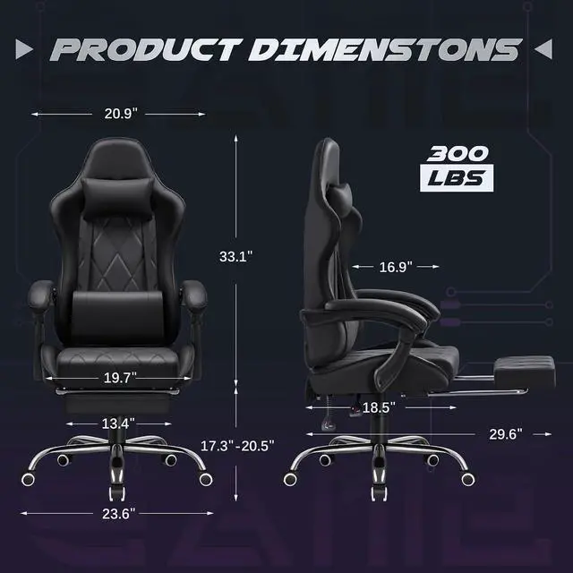 Alt view image 3 of 7 - Gaming Chair, Computer Chair with Footrest and Massage Lumbar Support, Swivel Seat Height Adjustable Video Game Chair with Headrest for Office or Gaming (Black)