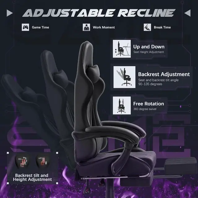 Alt view image 4 of 7 - Gaming Chair, Computer Chair with Footrest and Massage Lumbar Support, Swivel Seat Height Adjustable Video Game Chair with Headrest for Office or Gaming (Black)