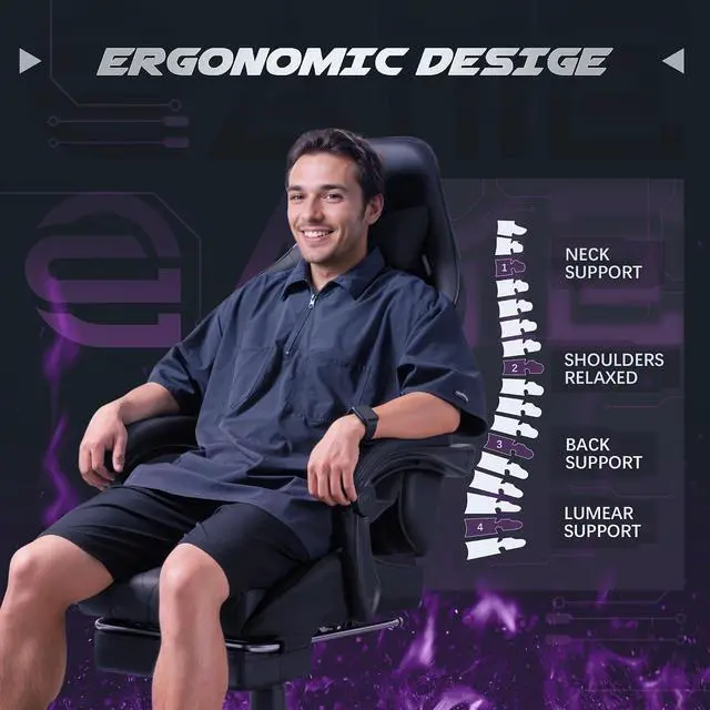 Alt view image 6 of 7 - Gaming Chair, Computer Chair with Footrest and Massage Lumbar Support, Swivel Seat Height Adjustable Video Game Chair with Headrest for Office or Gaming (Black)