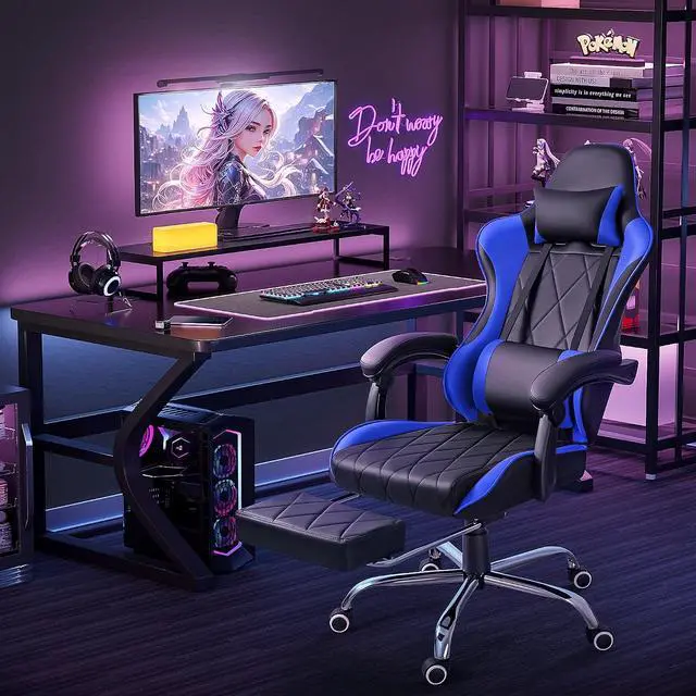 Alt view image 2 of 7 - Gaming Chair, Computer Chair with Footrest and Massage Lumbar Support, Swivel Seat Height Adjustable Video Game Chair with Headrest for Office or Gaming (Blue)
