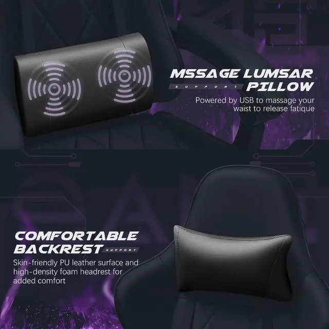 Alt view image 5 of 7 - Gaming Chair, Computer Chair with Footrest and Massage Lumbar Support, Swivel Seat Height Adjustable Video Game Chair with Headrest for Office or Gaming (Black)
