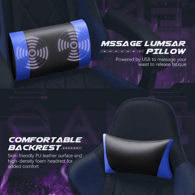 Alt view image 5 of 7 - Gaming Chair, Computer Chair with Footrest and Massage Lumbar Support, Swivel Seat Height Adjustable Video Game Chair with Headrest for Office or Gaming (Blue)