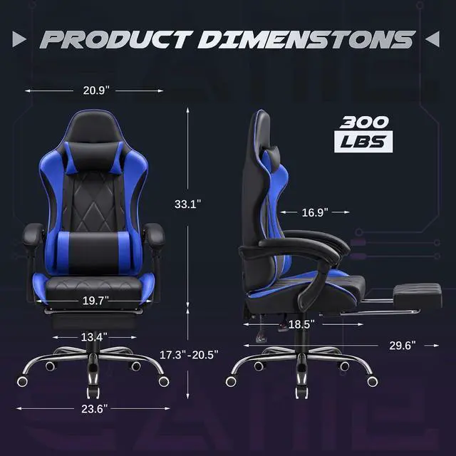 Alt view image 3 of 7 - Gaming Chair, Computer Chair with Footrest and Massage Lumbar Support, Swivel Seat Height Adjustable Video Game Chair with Headrest for Office or Gaming (Blue)