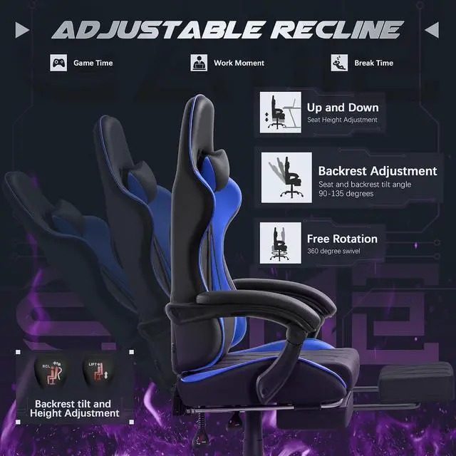 Alt view image 4 of 7 - Gaming Chair, Computer Chair with Footrest and Massage Lumbar Support, Swivel Seat Height Adjustable Video Game Chair with Headrest for Office or Gaming (Blue)