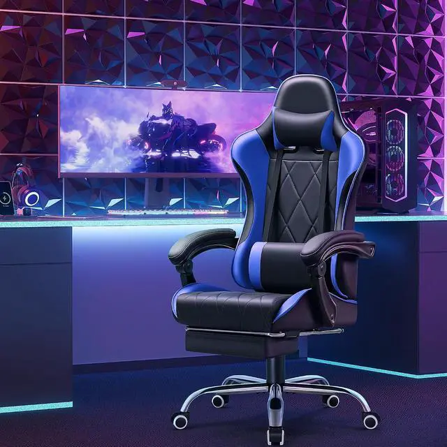 Alt view image 7 of 7 - Gaming Chair, Computer Chair with Footrest and Massage Lumbar Support, Swivel Seat Height Adjustable Video Game Chair with Headrest for Office or Gaming (Blue)