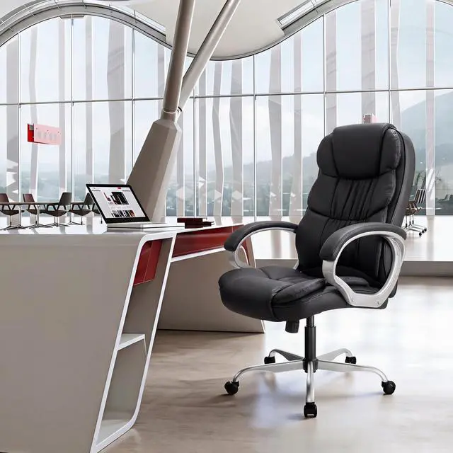 Alt view image 2 of 7 - Office Chair PU Leather High Back Executive Chair Ergonomic Computer Chair, Modern Adjustable Home Desk Chair Swivel Managerial Chair with Padded Armrests and Lumbar Support (Black)