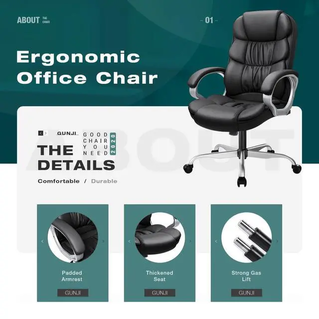 Alt view image 4 of 7 - Office Chair PU Leather High Back Executive Chair Ergonomic Computer Chair, Modern Adjustable Home Desk Chair Swivel Managerial Chair with Padded Armrests and Lumbar Support (Black)