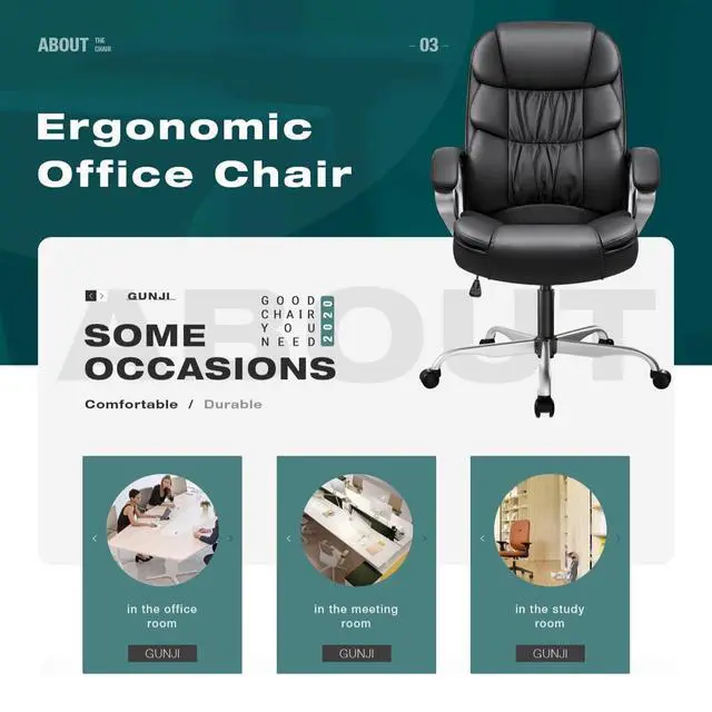 Alt view image 5 of 7 - Office Chair PU Leather High Back Executive Chair Ergonomic Computer Chair, Modern Adjustable Home Desk Chair Swivel Managerial Chair with Padded Armrests and Lumbar Support (Black)