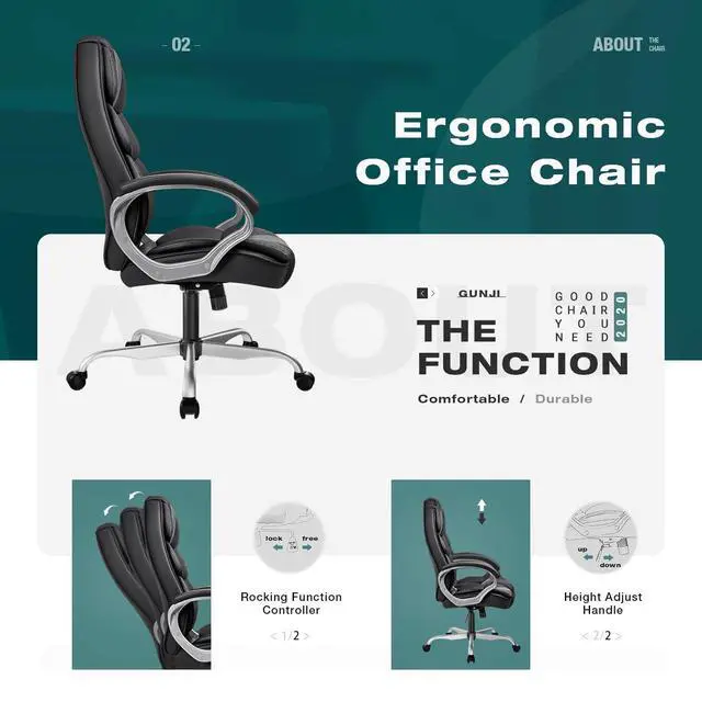 Alt view image 6 of 7 - Office Chair PU Leather High Back Executive Chair Ergonomic Computer Chair, Modern Adjustable Home Desk Chair Swivel Managerial Chair with Padded Armrests and Lumbar Support (Black)