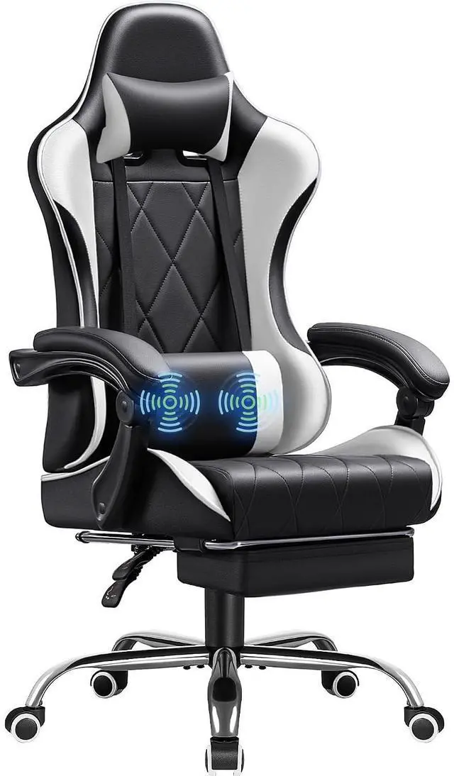 Main image of Gaming Chair, Computer Chair with Footrest and Massage Lumbar Support, Swivel Seat Height Adjustable Video Game Chair with Headrest for Office or Gaming (Light White)