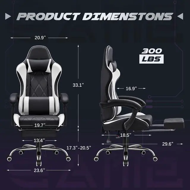 Alt view image 3 of 7 - Gaming Chair, Computer Chair with Footrest and Massage Lumbar Support, Swivel Seat Height Adjustable Video Game Chair with Headrest for Office or Gaming (Light White)