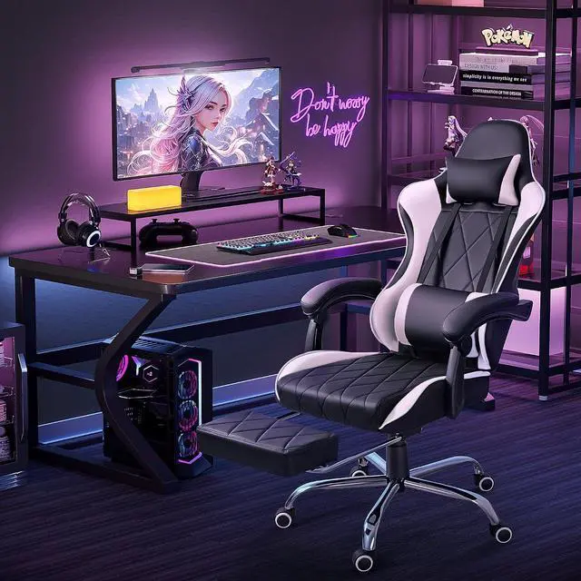 Alt view image 2 of 7 - Gaming Chair, Computer Chair with Footrest and Massage Lumbar Support, Swivel Seat Height Adjustable Video Game Chair with Headrest for Office or Gaming (Light White)