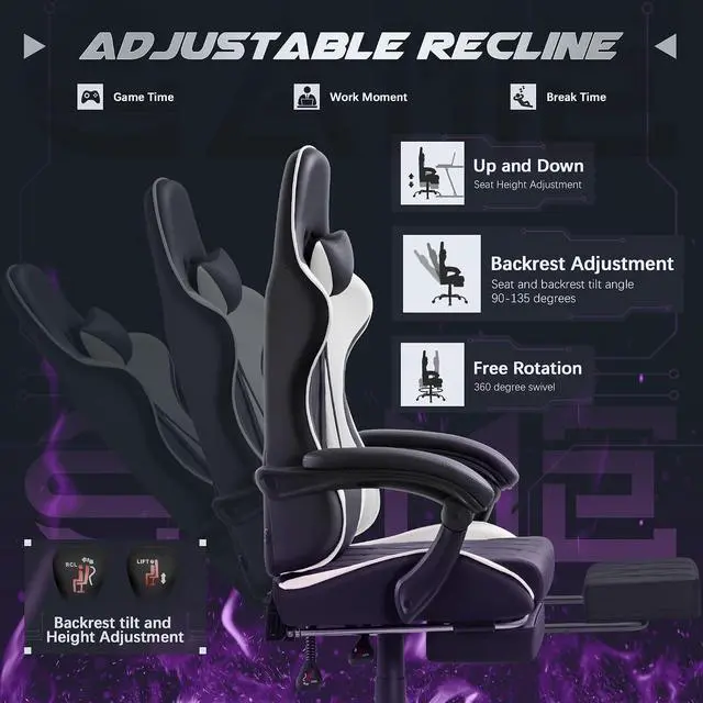 Alt view image 4 of 7 - Gaming Chair, Computer Chair with Footrest and Massage Lumbar Support, Swivel Seat Height Adjustable Video Game Chair with Headrest for Office or Gaming (Light White)