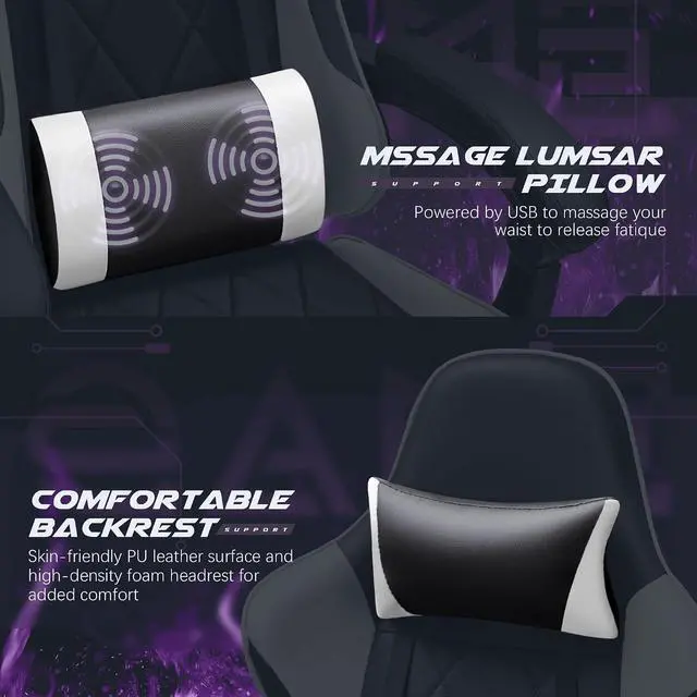 Alt view image 5 of 7 - Gaming Chair, Computer Chair with Footrest and Massage Lumbar Support, Swivel Seat Height Adjustable Video Game Chair with Headrest for Office or Gaming (Light White)
