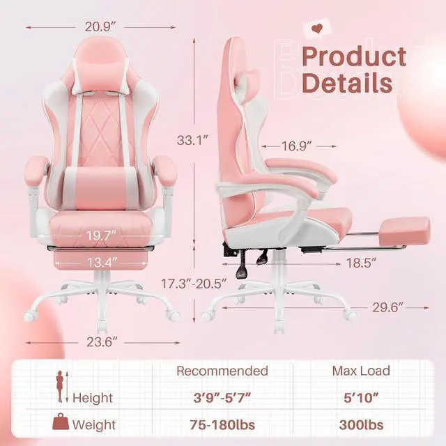 Alt view image 3 of 7 - Gaming Chair, Computer Chair with Footrest and Massage Lumbar Support, Swivel Seat Height Adjustable Video Game Chair with Headrest for Office or Gaming (Pink)