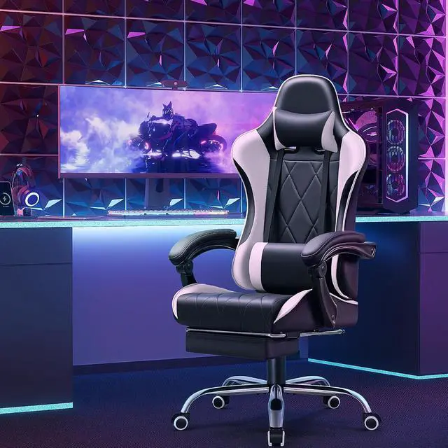 Alt view image 7 of 7 - Gaming Chair, Computer Chair with Footrest and Massage Lumbar Support, Swivel Seat Height Adjustable Video Game Chair with Headrest for Office or Gaming (Light White)