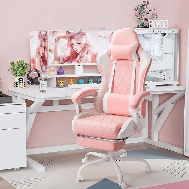 Alt view image 2 of 7 - Gaming Chair, Computer Chair with Footrest and Massage Lumbar Support, Swivel Seat Height Adjustable Video Game Chair with Headrest for Office or Gaming (Pink)