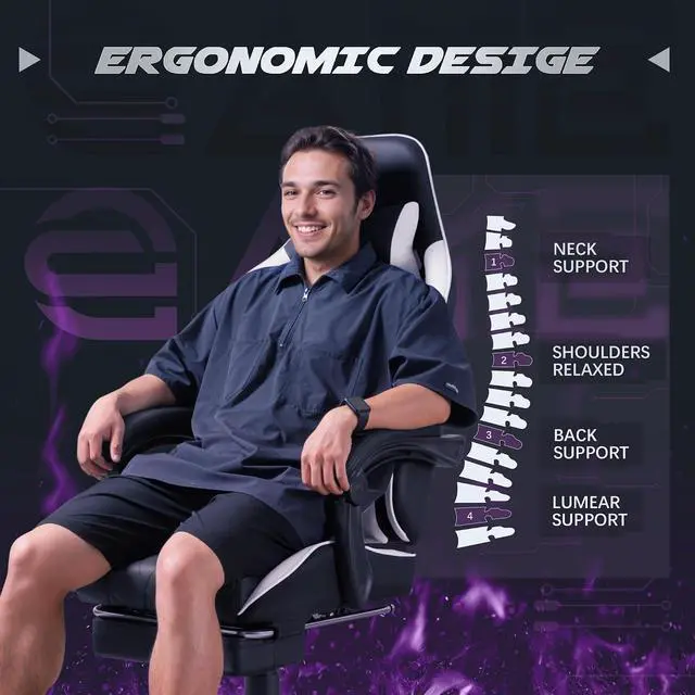 Alt view image 6 of 7 - Gaming Chair, Computer Chair with Footrest and Massage Lumbar Support, Swivel Seat Height Adjustable Video Game Chair with Headrest for Office or Gaming (Light White)