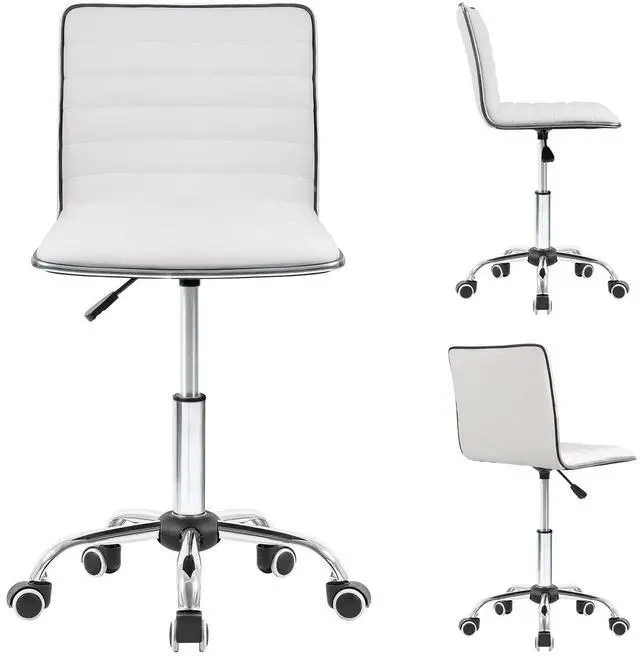 Alt view image 4 of 7 - Modern Adjustable Low Back Armless Ribbed Task Office Desk Vanity Swivel Rolling Leather Computer Conference Chair (White)