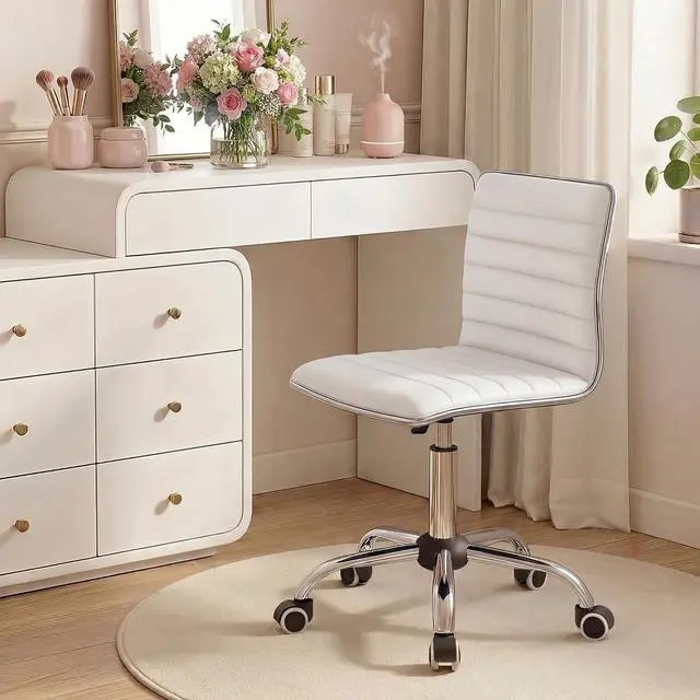 Main image of Modern Adjustable Low Back Armless Ribbed Task Office Desk Vanity Swivel Rolling Leather Computer Conference Chair (White)