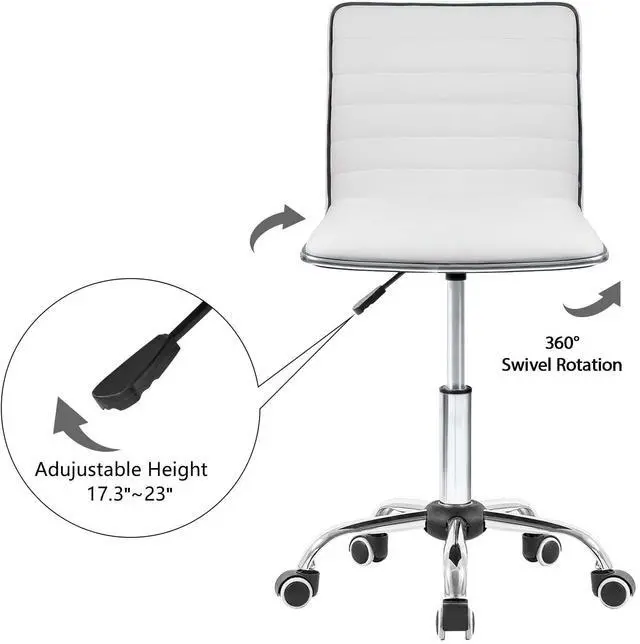 Alt view image 5 of 7 - Modern Adjustable Low Back Armless Ribbed Task Office Desk Vanity Swivel Rolling Leather Computer Conference Chair (White)