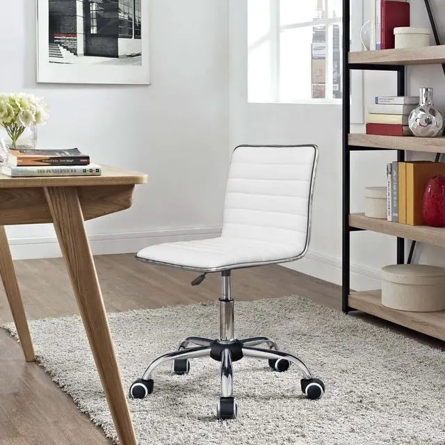 Alt view image 6 of 7 - Modern Adjustable Low Back Armless Ribbed Task Office Desk Vanity Swivel Rolling Leather Computer Conference Chair (White)