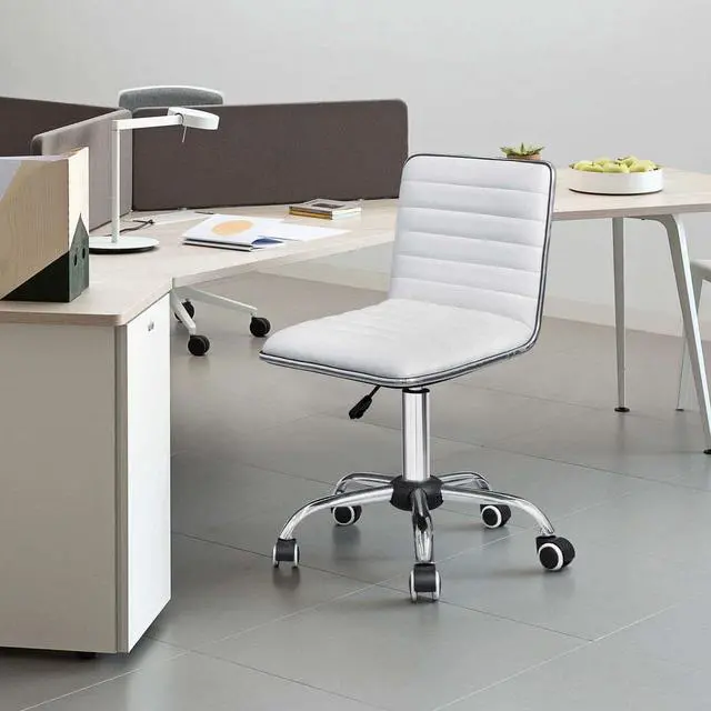 Alt view image 7 of 7 - Modern Adjustable Low Back Armless Ribbed Task Office Desk Vanity Swivel Rolling Leather Computer Conference Chair (White)