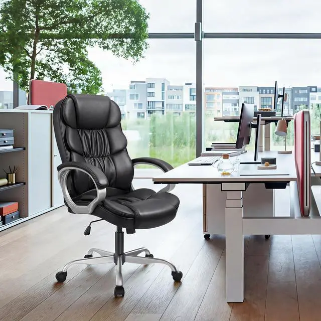 Alt view image 7 of 7 - Office Chair PU Leather High Back Executive Chair Ergonomic Computer Chair, Modern Adjustable Home Desk Chair Swivel Managerial Chair with Padded Armrests and Lumbar Support (Black)