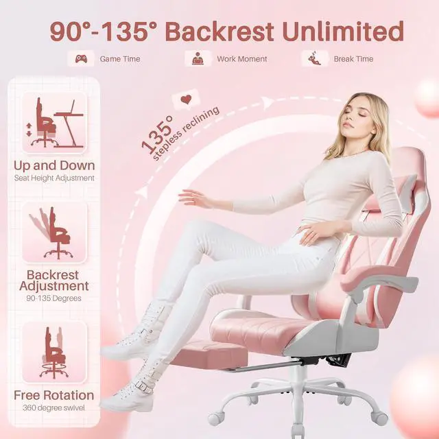 Alt view image 4 of 7 - Gaming Chair, Computer Chair with Footrest and Massage Lumbar Support, Swivel Seat Height Adjustable Video Game Chair with Headrest for Office or Gaming (Pink)