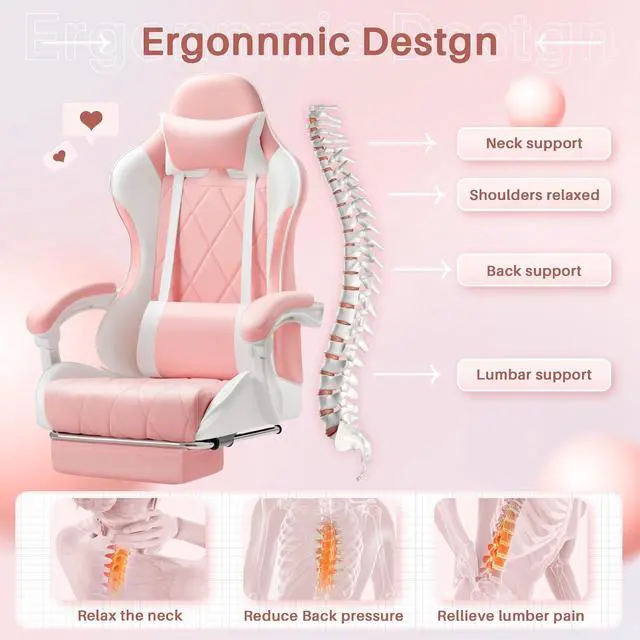 Alt view image 6 of 7 - Gaming Chair, Computer Chair with Footrest and Massage Lumbar Support, Swivel Seat Height Adjustable Video Game Chair with Headrest for Office or Gaming (Pink)