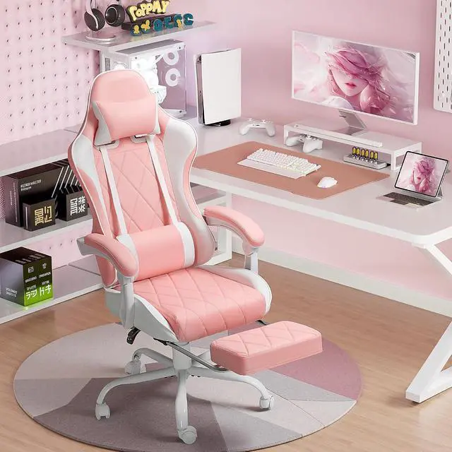 Alt view image 7 of 7 - Gaming Chair, Computer Chair with Footrest and Massage Lumbar Support, Swivel Seat Height Adjustable Video Game Chair with Headrest for Office or Gaming (Pink)