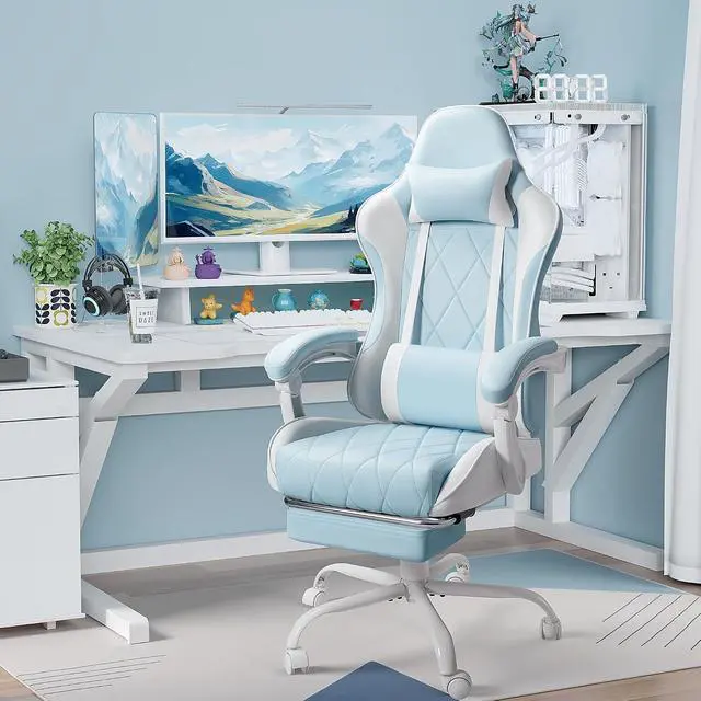 Alt view image 2 of 7 - Gaming Chair, Computer Chair with Footrest and Massage Lumbar Support, Swivel Seat Height Adjustable Video Game Chair with Headrest for Office or Gaming (Light Blue)