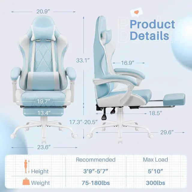 Alt view image 3 of 7 - Gaming Chair, Computer Chair with Footrest and Massage Lumbar Support, Swivel Seat Height Adjustable Video Game Chair with Headrest for Office or Gaming (Light Blue)