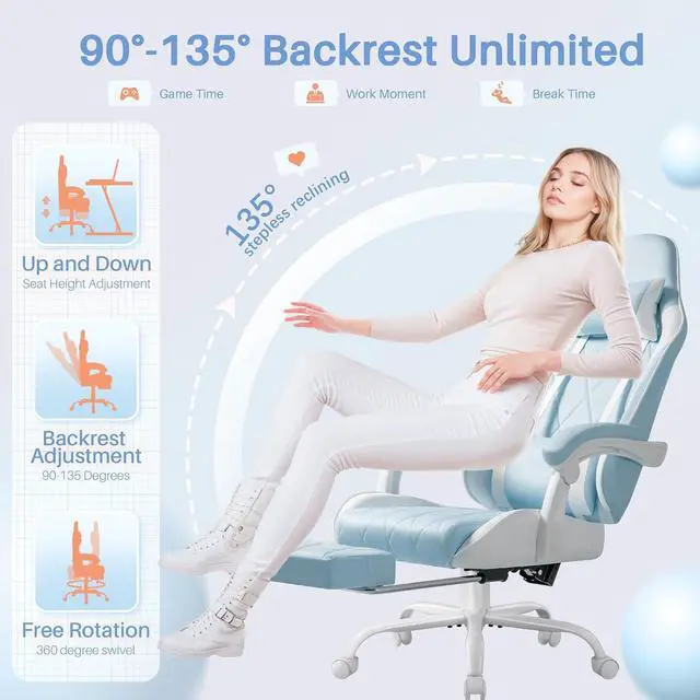Alt view image 4 of 7 - Gaming Chair, Computer Chair with Footrest and Massage Lumbar Support, Swivel Seat Height Adjustable Video Game Chair with Headrest for Office or Gaming (Light Blue)