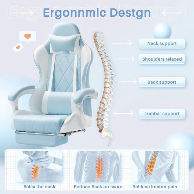 Alt view image 6 of 7 - Gaming Chair, Computer Chair with Footrest and Massage Lumbar Support, Swivel Seat Height Adjustable Video Game Chair with Headrest for Office or Gaming (Light Blue)