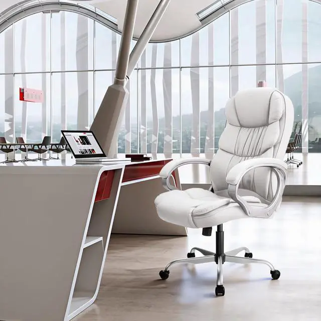 Alt view image 2 of 7 - Office Chair PU Leather High Back Executive Chair Ergonomic Computer Chair, Modern Adjustable Home Desk Chair Swivel Managerial Chair with Padded Armrests and Lumbar Support (White)