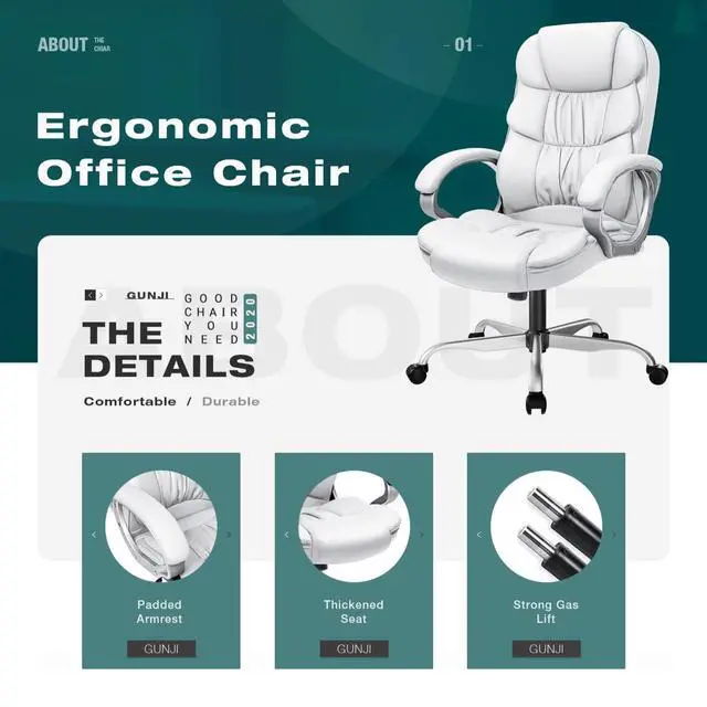 Alt view image 4 of 7 - Office Chair PU Leather High Back Executive Chair Ergonomic Computer Chair, Modern Adjustable Home Desk Chair Swivel Managerial Chair with Padded Armrests and Lumbar Support (White)