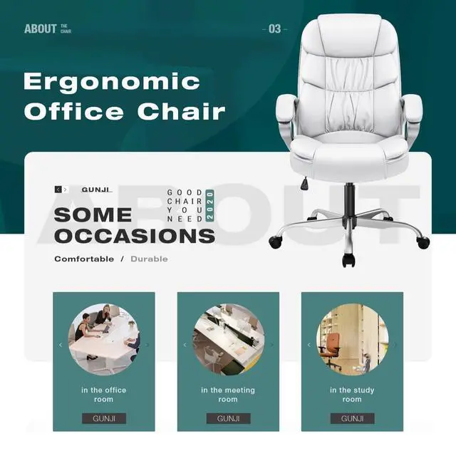 Alt view image 5 of 7 - Office Chair PU Leather High Back Executive Chair Ergonomic Computer Chair, Modern Adjustable Home Desk Chair Swivel Managerial Chair with Padded Armrests and Lumbar Support (White)