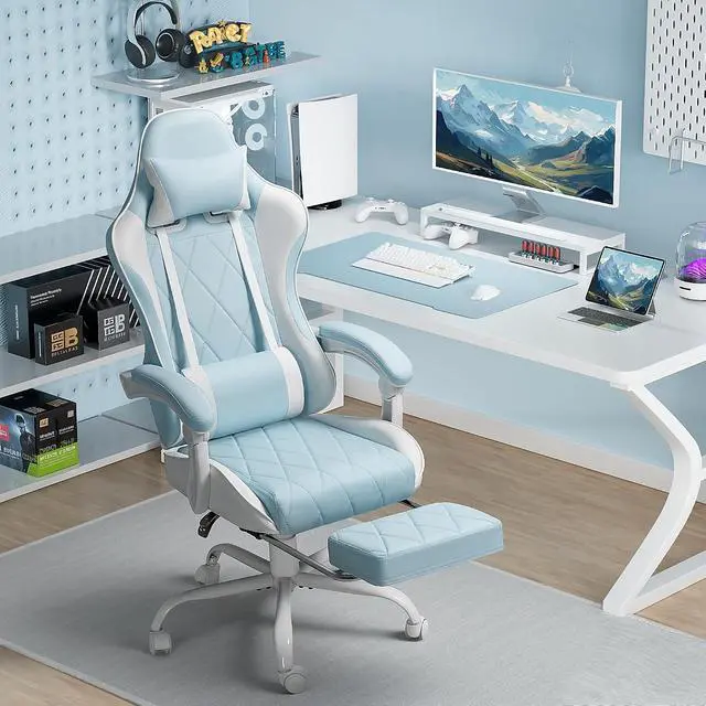 Alt view image 7 of 7 - Gaming Chair, Computer Chair with Footrest and Massage Lumbar Support, Swivel Seat Height Adjustable Video Game Chair with Headrest for Office or Gaming (Light Blue)