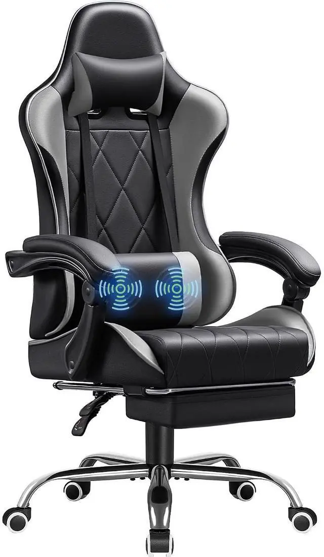 Main image of Gaming Chair, Computer Chair with Footrest and Massage Lumbar Support, Swivel Seat Height Adjustable Video Game Chair with Headrest for Office or Gaming (Grey)