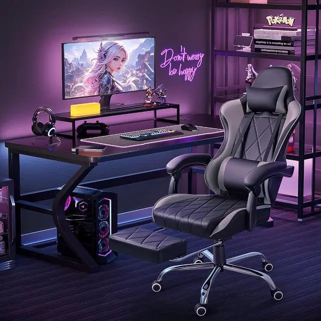 Alt view image 2 of 7 - Gaming Chair, Computer Chair with Footrest and Massage Lumbar Support, Swivel Seat Height Adjustable Video Game Chair with Headrest for Office or Gaming (Grey)