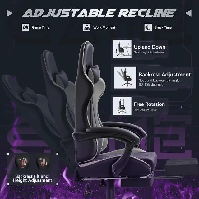 Alt view image 4 of 7 - Gaming Chair, Computer Chair with Footrest and Massage Lumbar Support, Swivel Seat Height Adjustable Video Game Chair with Headrest for Office or Gaming (Grey)