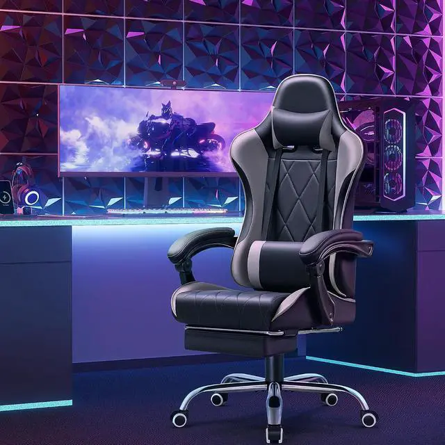 Alt view image 7 of 7 - Gaming Chair, Computer Chair with Footrest and Massage Lumbar Support, Swivel Seat Height Adjustable Video Game Chair with Headrest for Office or Gaming (Grey)