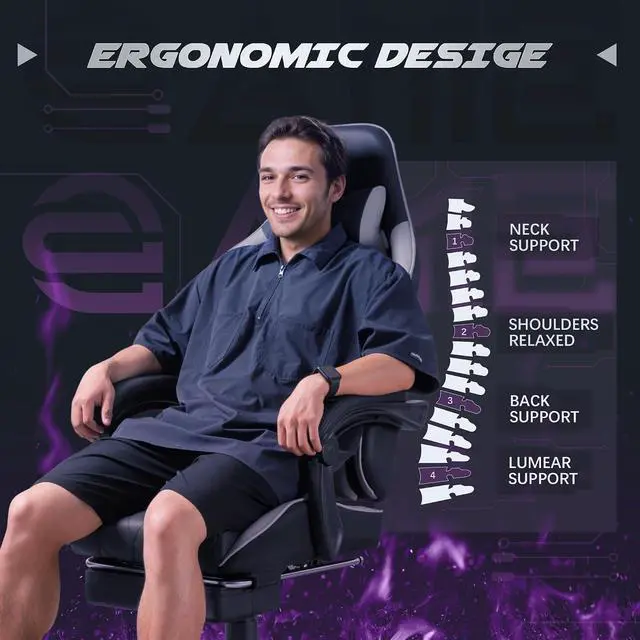 Alt view image 6 of 7 - Gaming Chair, Computer Chair with Footrest and Massage Lumbar Support, Swivel Seat Height Adjustable Video Game Chair with Headrest for Office or Gaming (Grey)