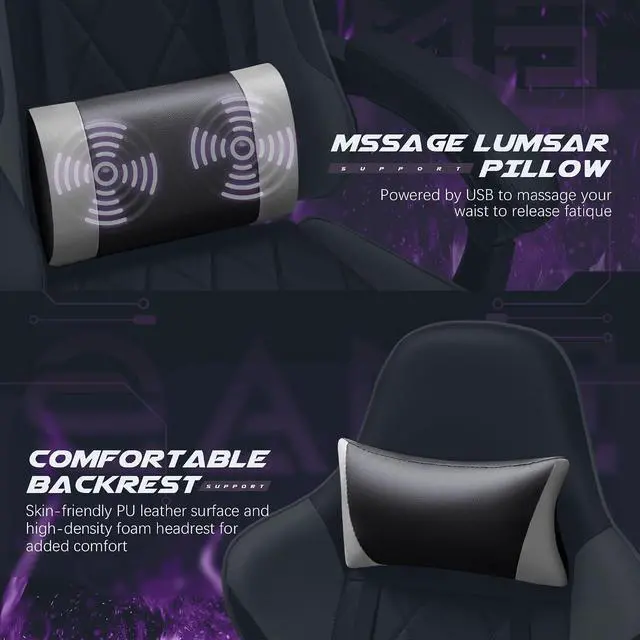 Alt view image 5 of 7 - Gaming Chair, Computer Chair with Footrest and Massage Lumbar Support, Swivel Seat Height Adjustable Video Game Chair with Headrest for Office or Gaming (Grey)