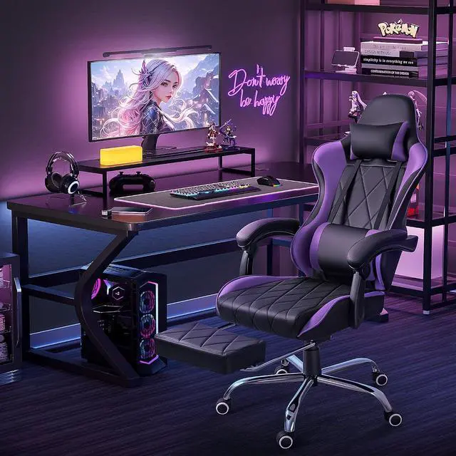 Alt view image 2 of 7 - Gaming Chair, Computer Chair with Footrest and Massage Lumbar Support, Swivel Seat Height Adjustable Video Game Chair with Headrest for Office or Gaming (Violet)